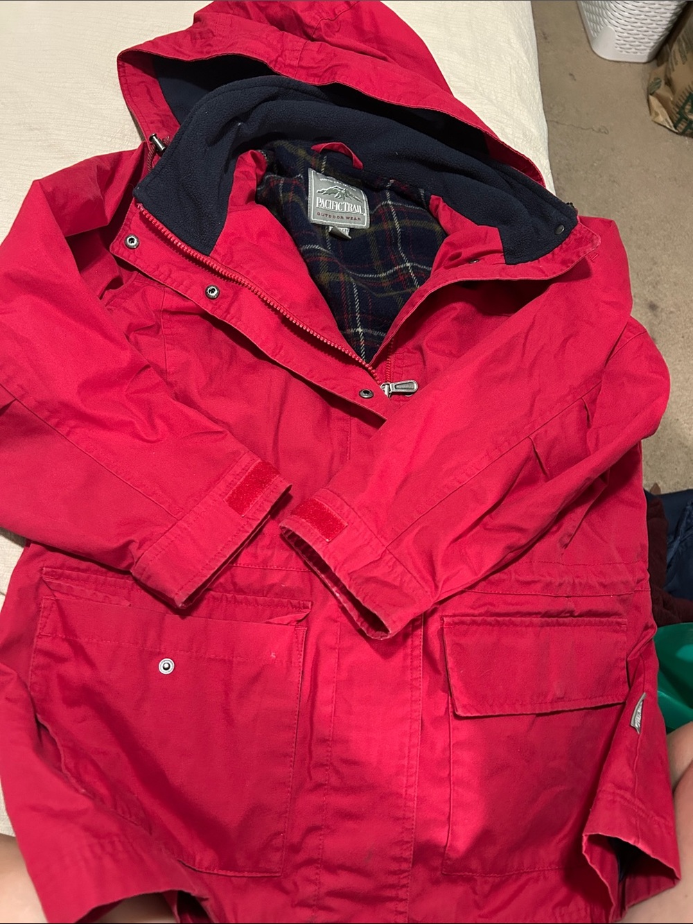 Women Petite Small Pacific Tra Bright Red Hooded Raincoat with Plaid Lining
